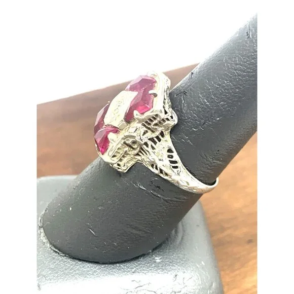 Filigree Pink Gemstone Diamond Cocktail Ring 14k White Gold Women's Size 8